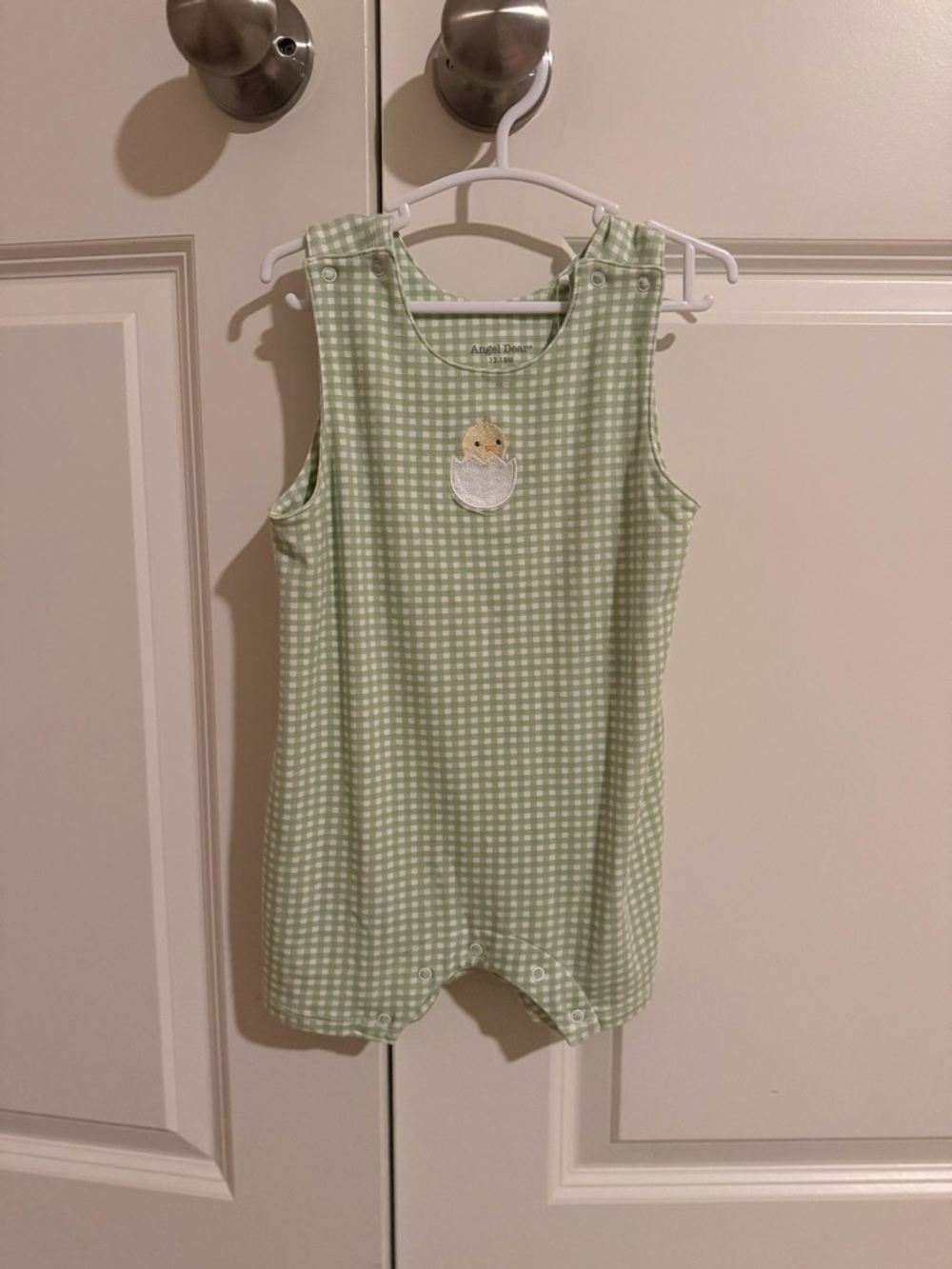 Angel Dear Green Gingham Shortie Romper with Chick Patch
